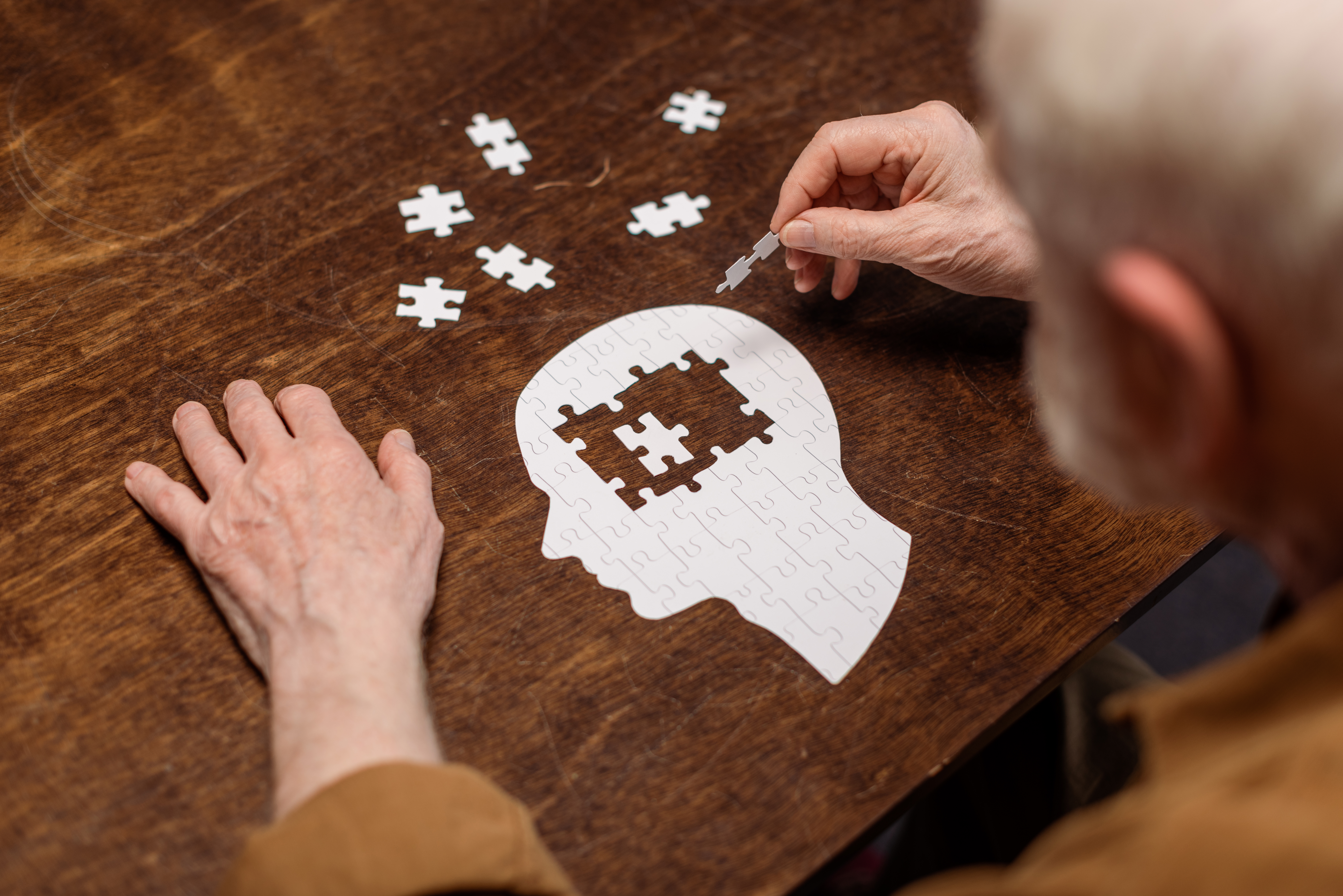 high angle view of senior man collecting jigsaw puzzle as dementia rehab high angle view of senior man collecting jigsaw puzzle as dementia rehab